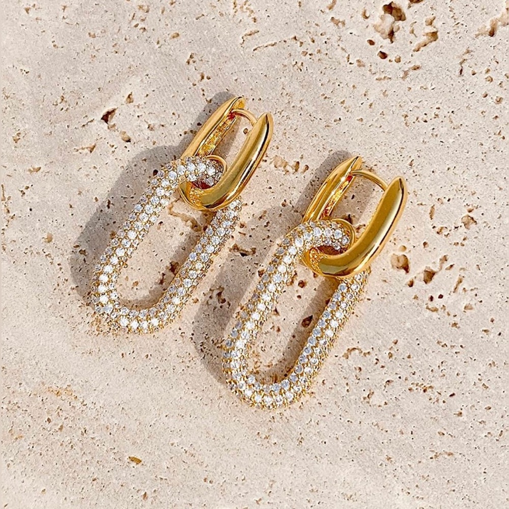 NWT 14k Gold Plated Sterling Silver Paperclip Chainlink Drop Huggie Earrings
